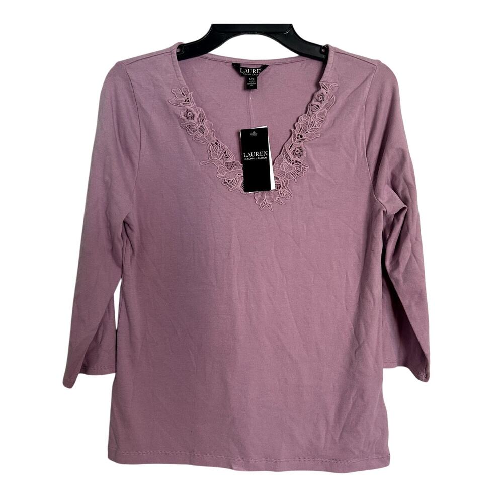 NWT Lauren Ralph Lauren Women's Lace-Trim Stretch Top, Scottish Primrose, Large